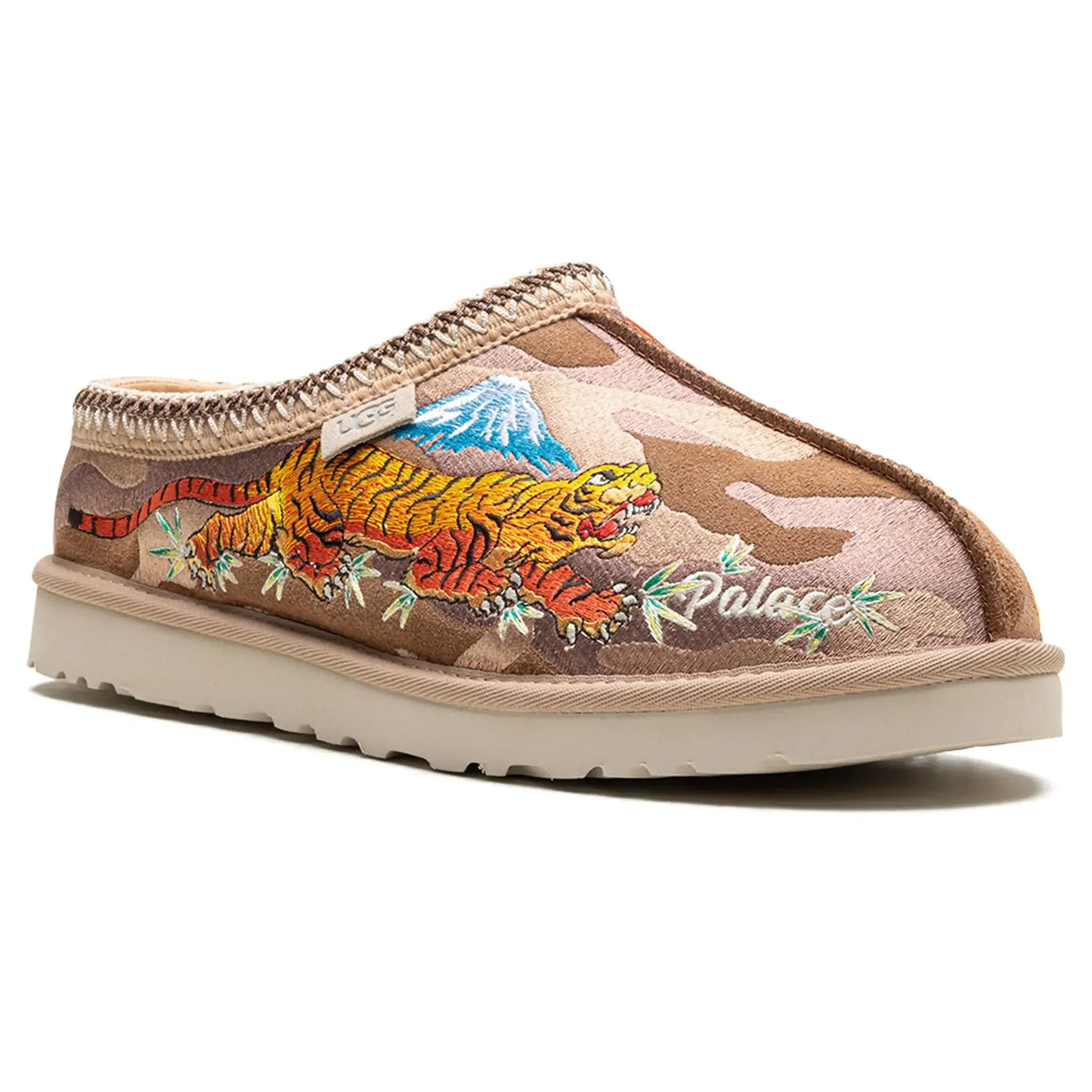 Front view of Palace x UGG Tasman Chestnut Camo Slippers